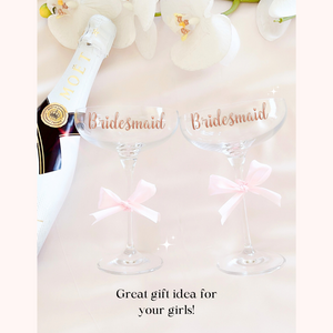 custom personalised coupe champagne glasses wedding bride groom bridesmaid glasses
