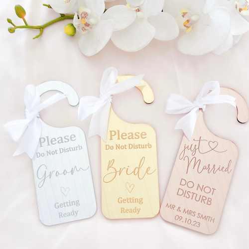 Personalised acrylic wedding bride and groom preparation door hangers