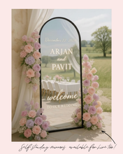 Load image into Gallery viewer, custom vinyl wedding mirror decals self standing mirror for hire