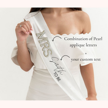 Load image into Gallery viewer, bride to be pearl applique custom satin sash bridal shower hen party sash