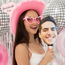 Load image into Gallery viewer, photo paddles face on a stick bachelorette party fun game