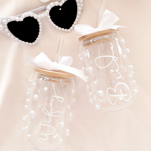 personalised bride bridesmaid glass tumbler with pearls
