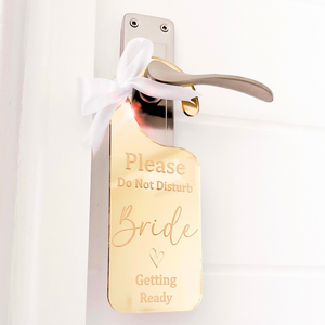 Personalised acrylic wedding bride and groom preparation door hangers