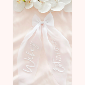 organza tulle personalized hair bow with pearl custom text bridal bride to be accessory