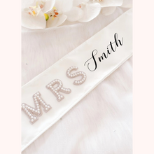 Load image into Gallery viewer, bride to be pearl applique custom satin sash bridal shower hen party sash