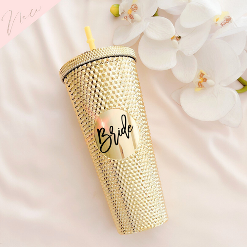 Custom gold tumbler with straw bride cup