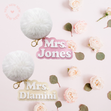 Load image into Gallery viewer, personalised name acrylic keyring bridal gift keyring with pom pom