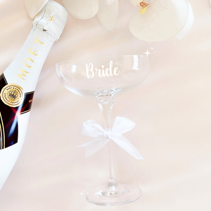 custom personalised coupe champagne glasses wedding bride groom bridesmaid glasses