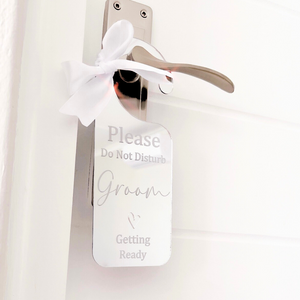 Personalised acrylic wedding bride and groom preparation door hangers