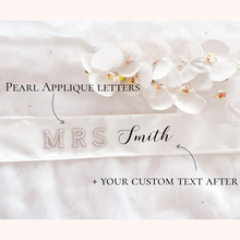 Load image into Gallery viewer, bride to be pearl applique custom satin sash bridal shower hen party sash