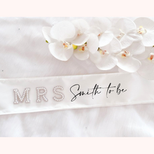 Load image into Gallery viewer, bride to be pearl applique custom satin sash bridal shower hen party sash