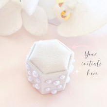 Load image into Gallery viewer, hexagon velvet wedding ring box with pearls personalized