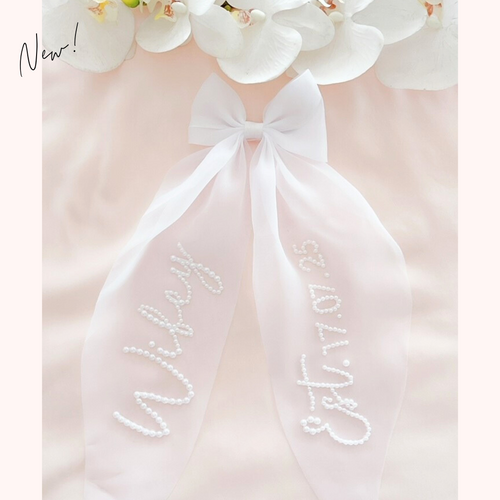 organza tulle personalized hair bow with pearl custom text bridal bride to be accessory