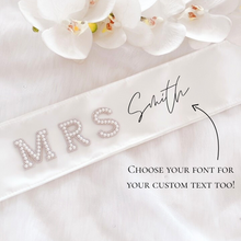 Load image into Gallery viewer, bride to be pearl applique custom satin sash bridal shower hen party sash