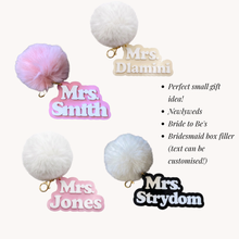Load image into Gallery viewer, personalised name acrylic keyring bridal gift keyring with pom pom