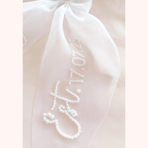 organza tulle personalized hair bow with pearl custom text bridal bride to be accessory