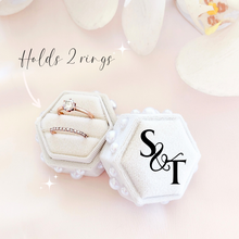 Load image into Gallery viewer, hexagon velvet wedding ring box with pearls personalized