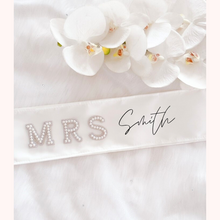 Load image into Gallery viewer, bride to be pearl applique custom satin sash bridal shower hen party sash
