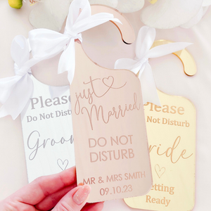 Personalised acrylic wedding bride and groom preparation door hangers