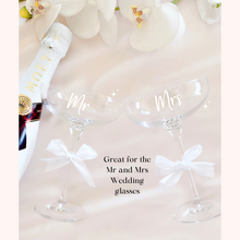 Load image into Gallery viewer, custom personalised coupe champagne glasses wedding bride groom bridesmaid glasses