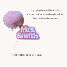 Load image into Gallery viewer, personalised name acrylic keyring bridal gift keyring with pom pom