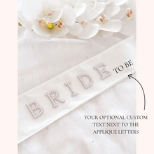 Load image into Gallery viewer, bride to be pearl applique custom satin sash bridal shower hen party sash
