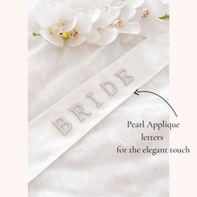 Load image into Gallery viewer, bride to be pearl applique custom satin sash bridal shower hen party sash