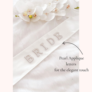 bride to be pearl applique custom satin sash bridal shower hen party sash