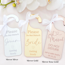 Load image into Gallery viewer, Personalised acrylic wedding bride and groom preparation door hangers