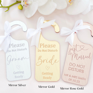 Personalised acrylic wedding bride and groom preparation door hangers