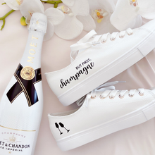 Load image into Gallery viewer, but first champagne custom text sneaker shoes