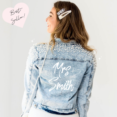 Personalised pearl denim bridal jacket