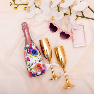Gold personalized custom champagne glasses bride groom wedding glass