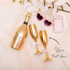 Gold personalized custom champagne glasses bride groom wedding glass
