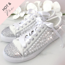 Load image into Gallery viewer, Bling bedazzled crystal rhinestone pearl bridal sneakers shoes
