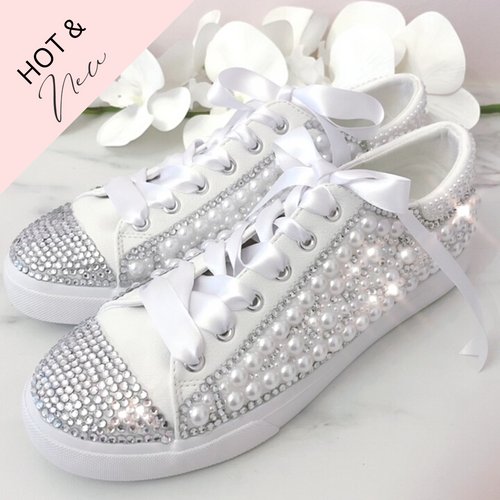 Bling bedazzled crystal rhinestone pearl bridal sneakers shoes