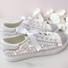 Load image into Gallery viewer, Bling bedazzled crystal rhinestone pearl bridal sneaker shoes