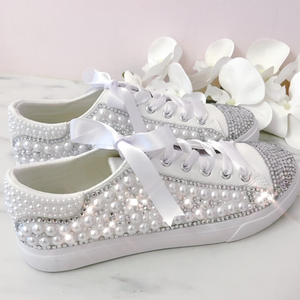 Bling bedazzled crystal rhinestone pearl bridal sneaker shoes