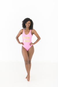 Bride squad swimsuit pink and gold