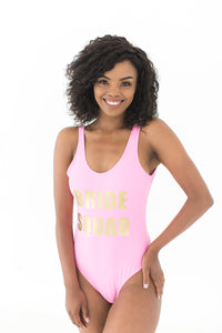 Bride squad swimsuit pink and gold