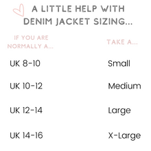 Load image into Gallery viewer, Pearl Custom Denim Jacket Bridal Jacket Sizing