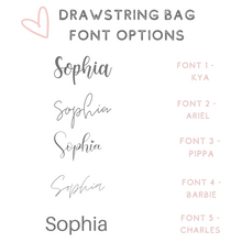 Load image into Gallery viewer, Custom text cotton drawstring bag pouch font options
