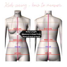 Load image into Gallery viewer, Kids sizing guide custom swimsuits how to measure
