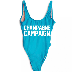 Champagne Campaign bride squad swimsuit blue