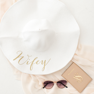 Wifey personalized wide brim floppy sun hat for honeymoon